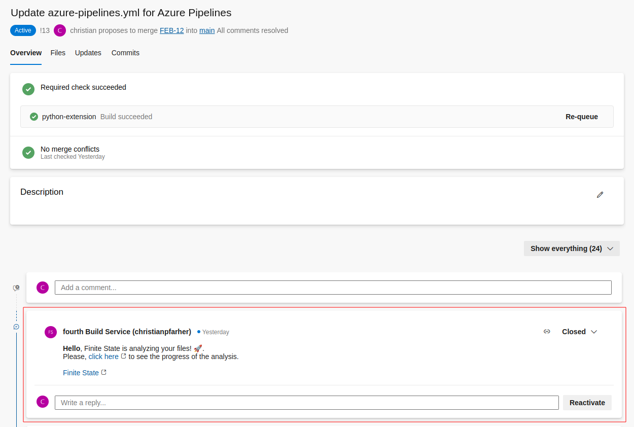 Azure PR automatic comment
