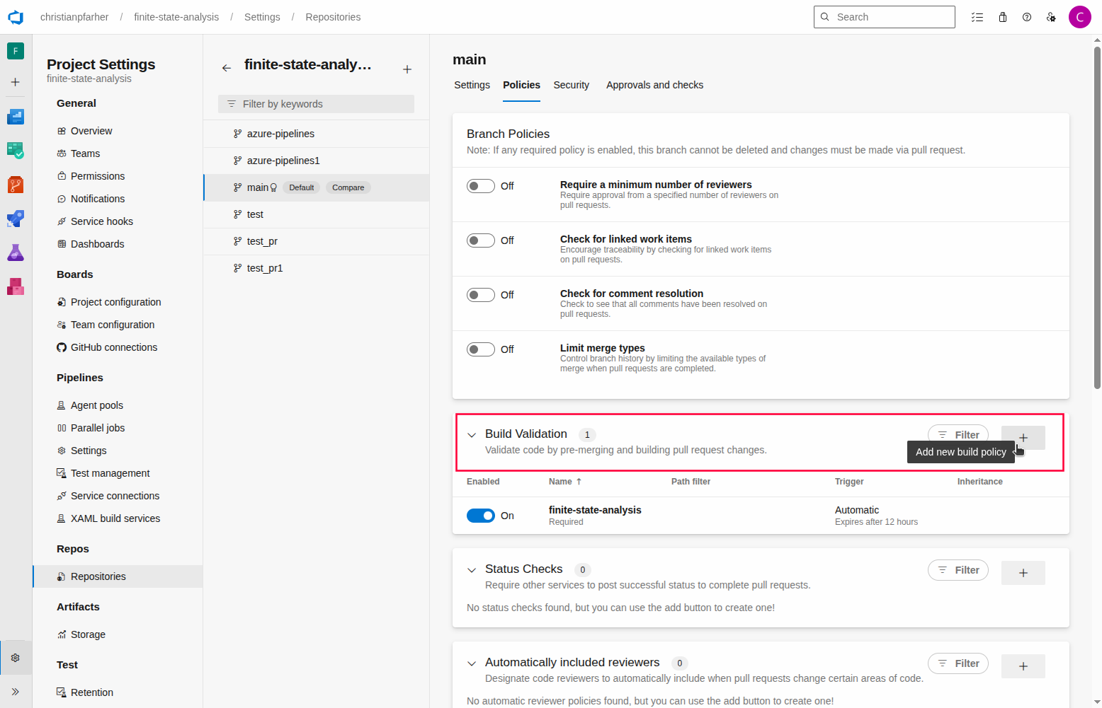 Azure Branch policies Add
