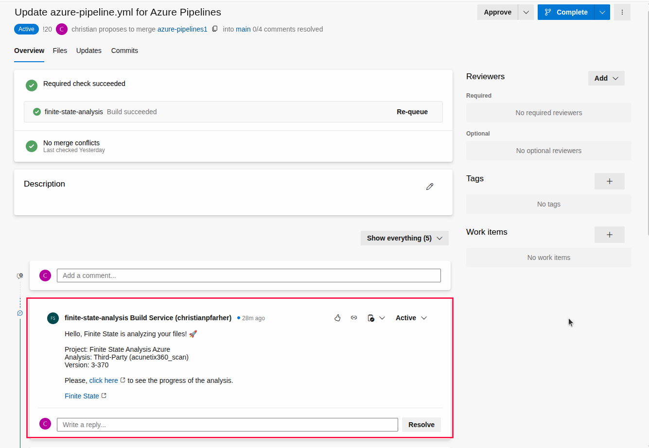 Azure PR automatic comment