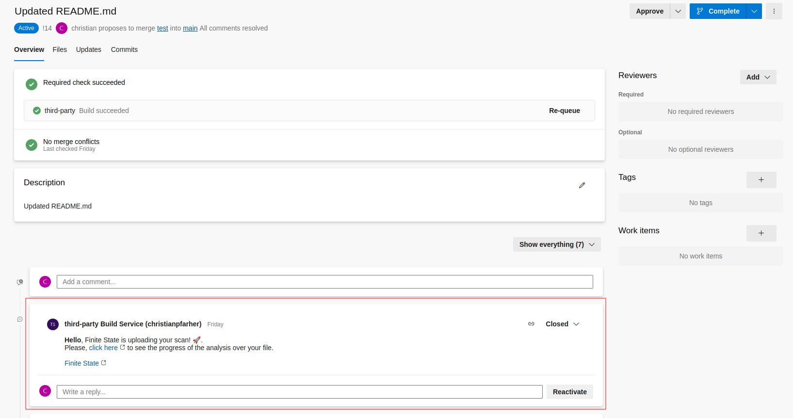 Azure PR automatic comment